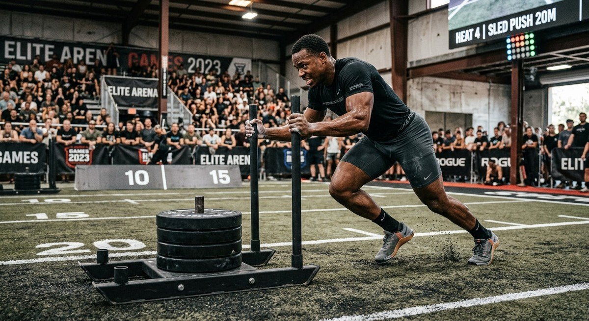 A wide-angle action shot of an athlete pushing a heavy sled, capturing the gritty atmosphere and realistic textures of a competitive arena.