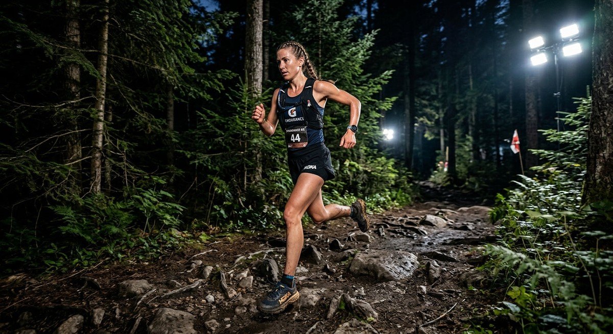 A wide-angle action shot of an endurance runner navigating a technical forest trail with sharp focus and professional stadium-style lighting.