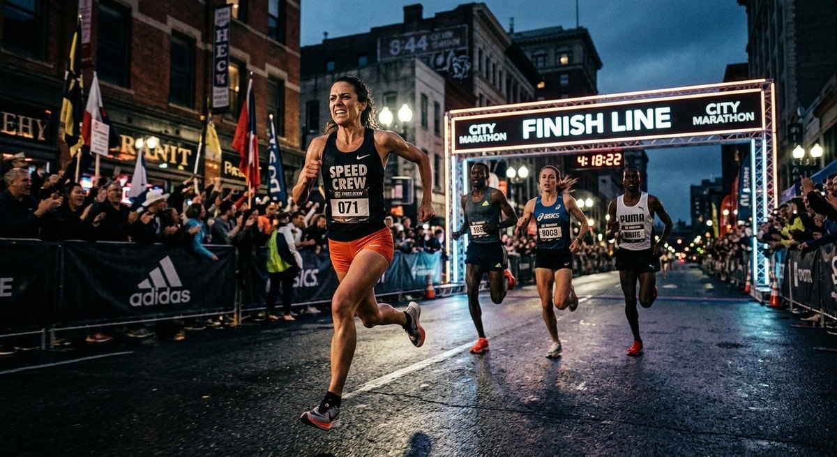 A wide-angle cinematic shot of a group of elite athletes racing towards a finish line, with sharp focus on the lead runner's determined expression and the moody, high-contrast urban environment.
