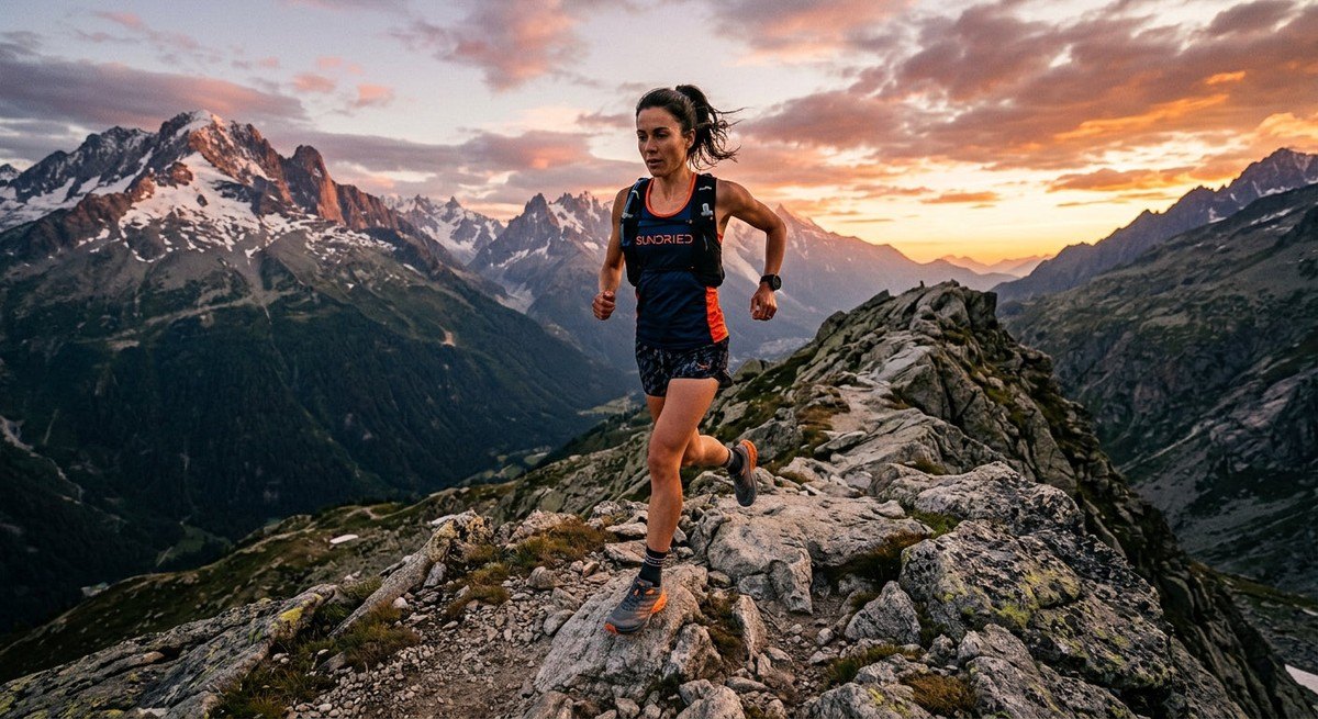 A wide-angle cinematic shot of a trail runner navigating a technical granite ridge at sunset, wearing Sundried apparel and high-performance trail footwear, conveying speed and resilience.