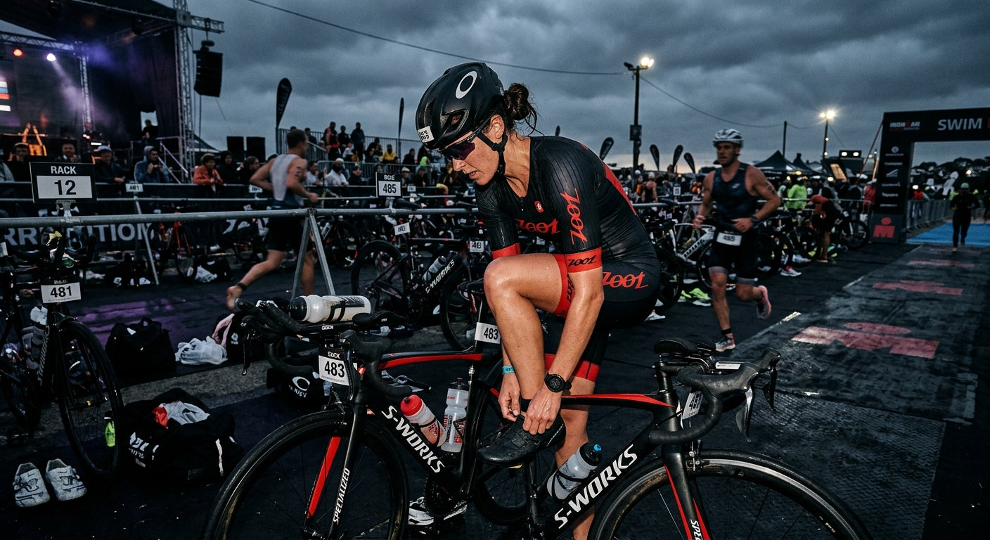 A wide-angle cinematic shot of a transition zone with a focused athlete preparing for the bike leg, featuring moody contrast and intense athletic energy.