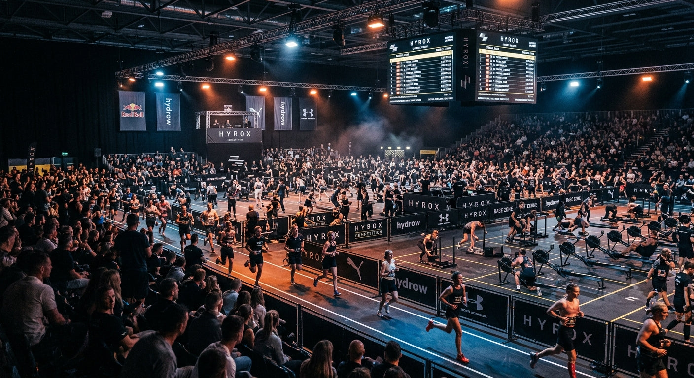 A wide-angle, cinematic view of a bustling Hyrox arena from the spectator stands with dramatic contrast and intense atmosphere.