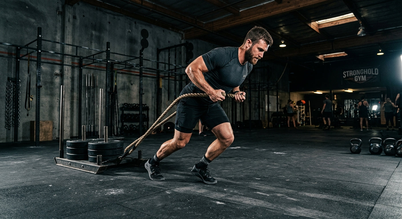 A wide-angle shot of a fitness enthusiast in a dark, moody gym environment executing a perfect hip-hinge during a heavy sled pull exercise.