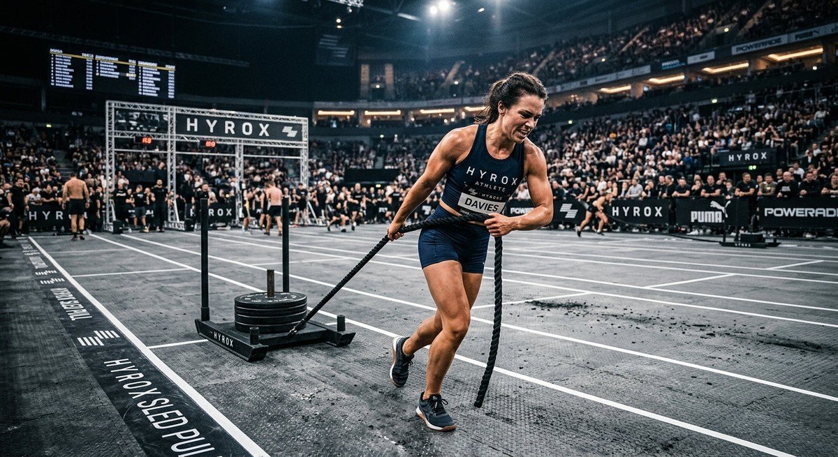 A wide-angle shot of a Hyrox athlete navigating a station, showing intense concentration and sharp details amidst a cinematic, high-contrast stadium background.