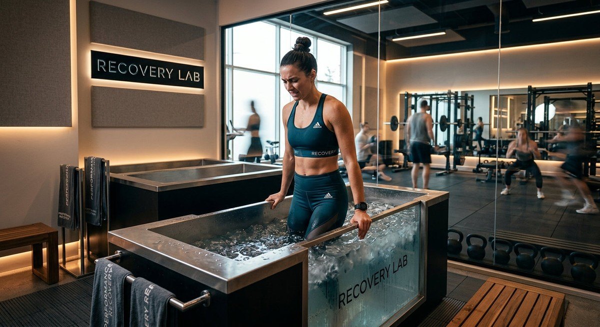 A wide-angle shot of a premium recovery suite featuring a professional-grade cold plunge unit with motion blur in the background to signify athletic activity.