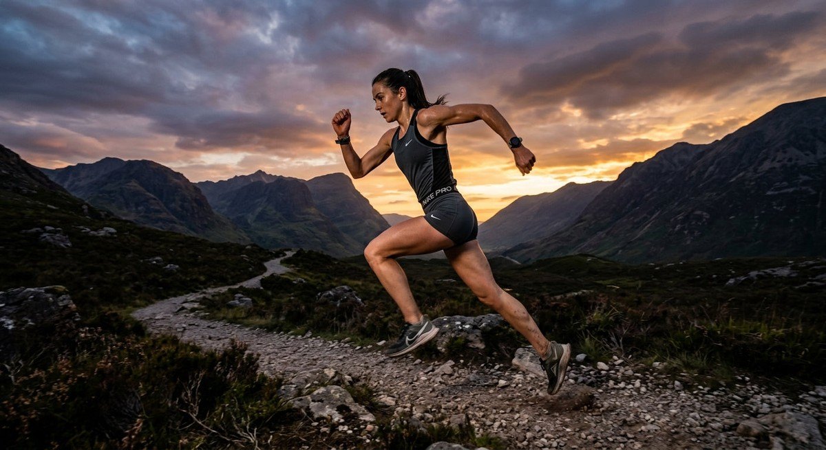 A wide-angle shot of a runner in a deep power-sprint pose on a dramatic, moody mountain path during sunset.