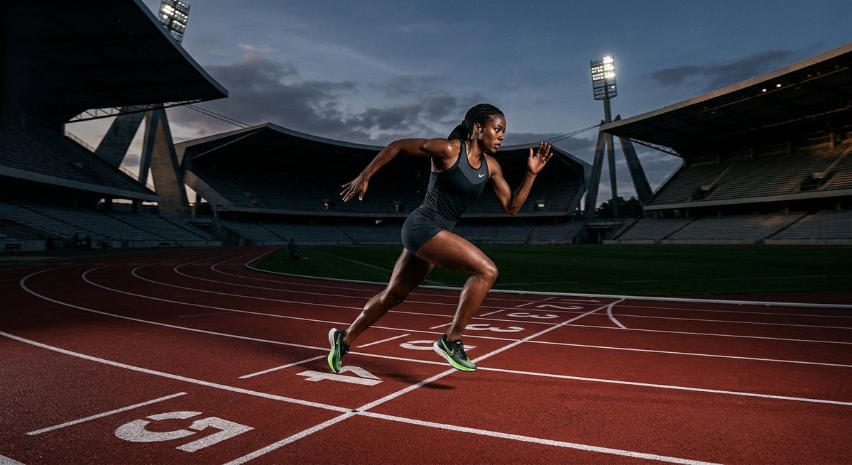 A wide-angle shot of a runner sprinting on a track, featuring sharp fine details and moody, high-contrast stadium shadows.