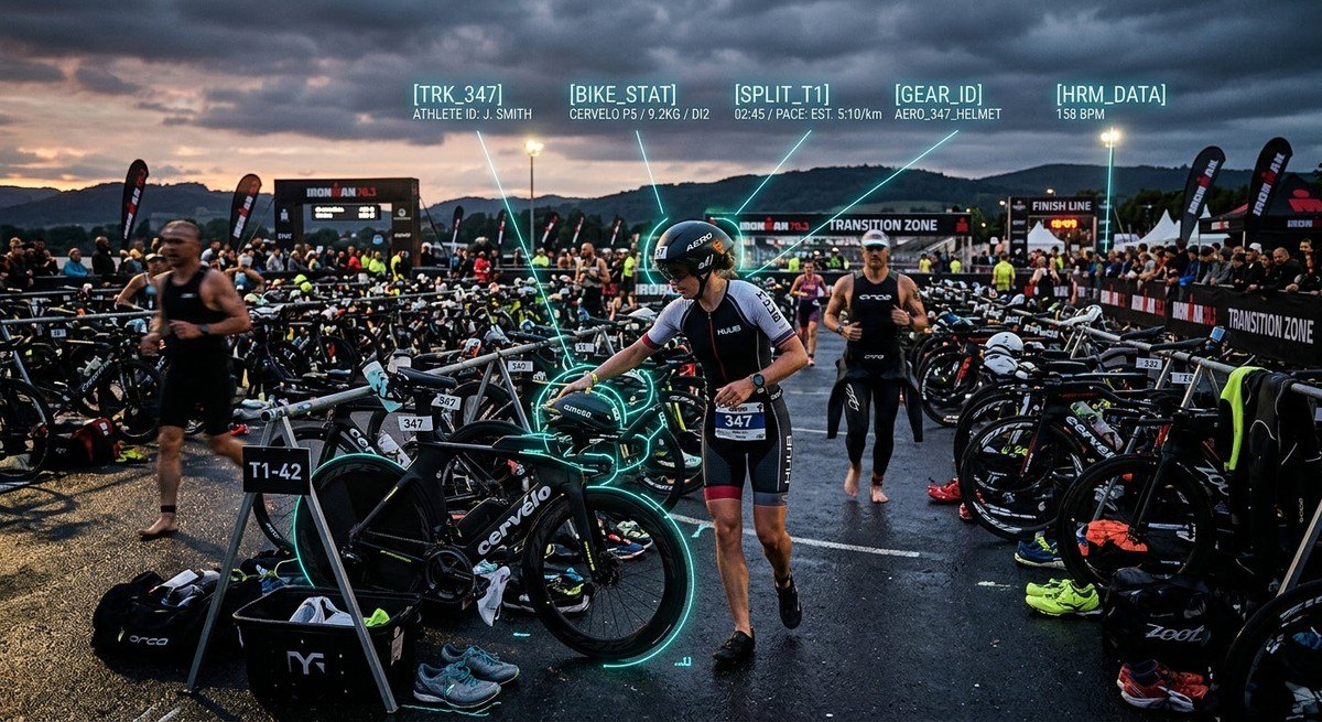 A wide-angle shot of a triathlon transition area at twilight, showing the sharp, precise details of high-tech gear being tracked by digital signal overlays in a moody, atmospheric setting.