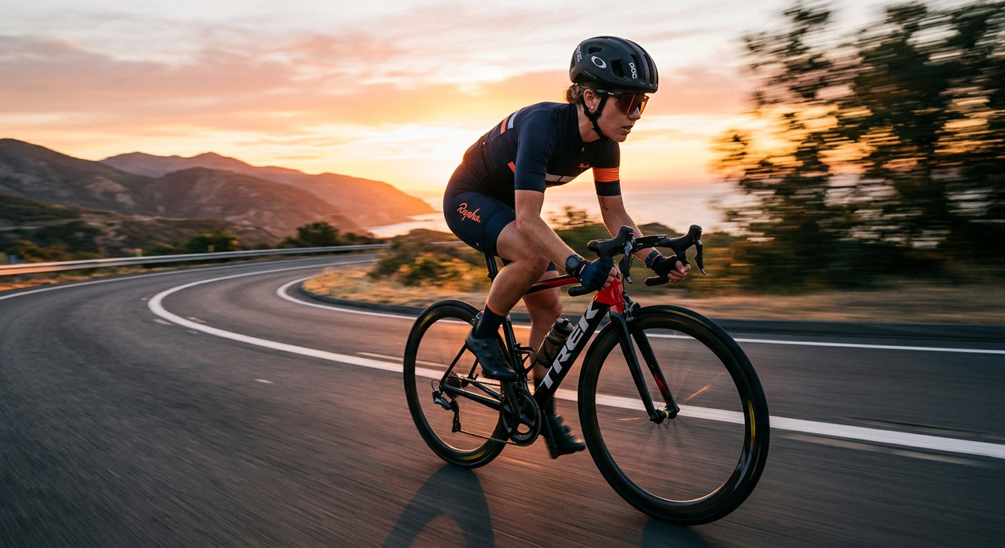 Action shot of a cyclist in motion blur wearing high-performance Oakley eyewear during a sunset training session.