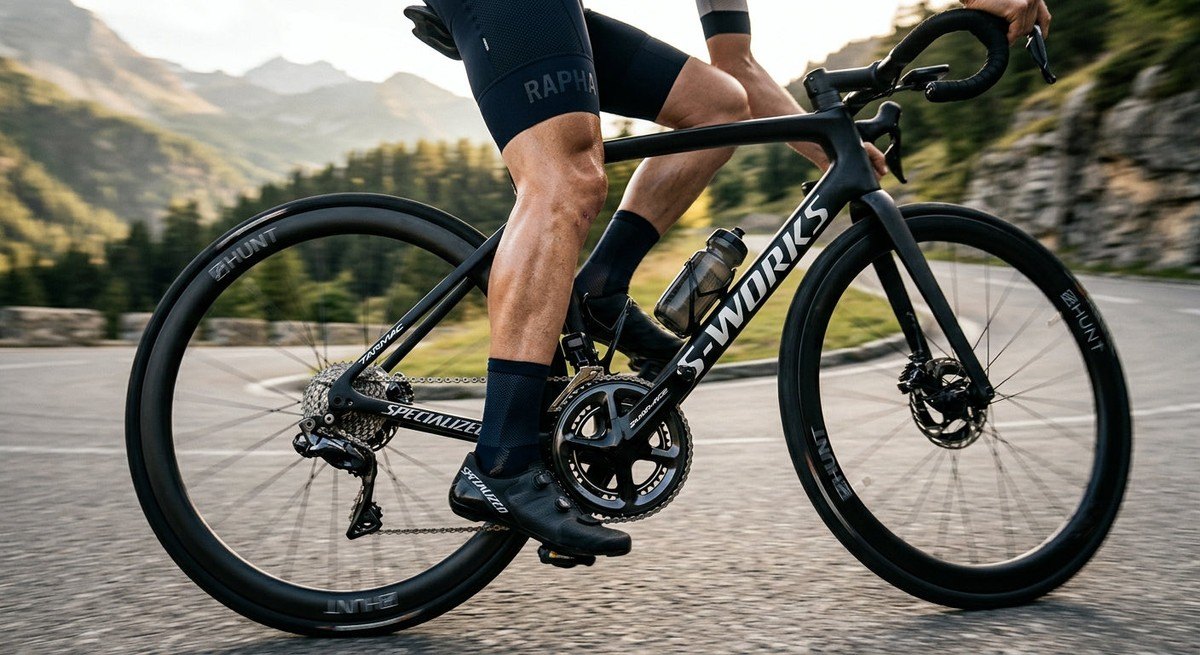 Action shot of a cyclist's legs pedalling with high-speed motion blur, highlighting the mechanical precision of a modern drivetrain.