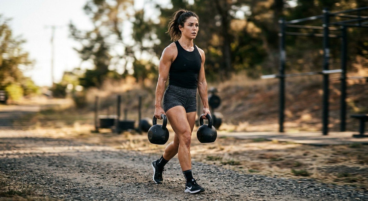 Action shot of a fitness enthusiast executing a perfect Farmer's Carry with sharp focus and motion blur in the background.