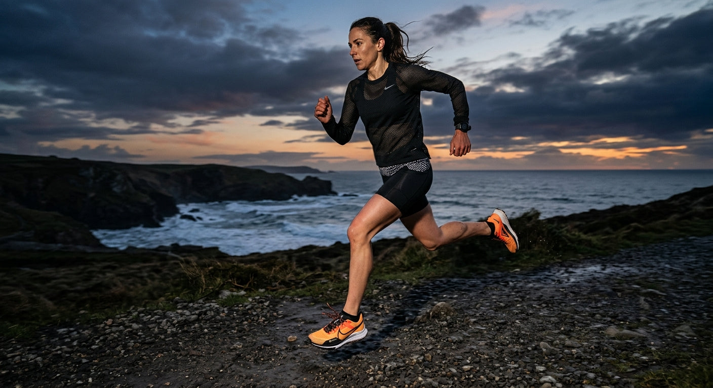 Action shot of a runner at dusk with dramatic contrast and intense focus on footwear performance