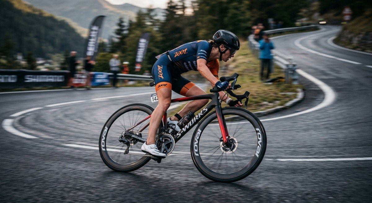 Action shot of a triathlete performing a high-speed cornering manoeuvre on a racing road bike, showcasing motion blur and sharp metallic textures.