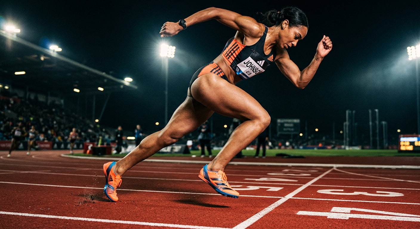 Action shot of an elite athlete sprinting on a track, focusing on the footwear with high-contrast cinematic lighting
