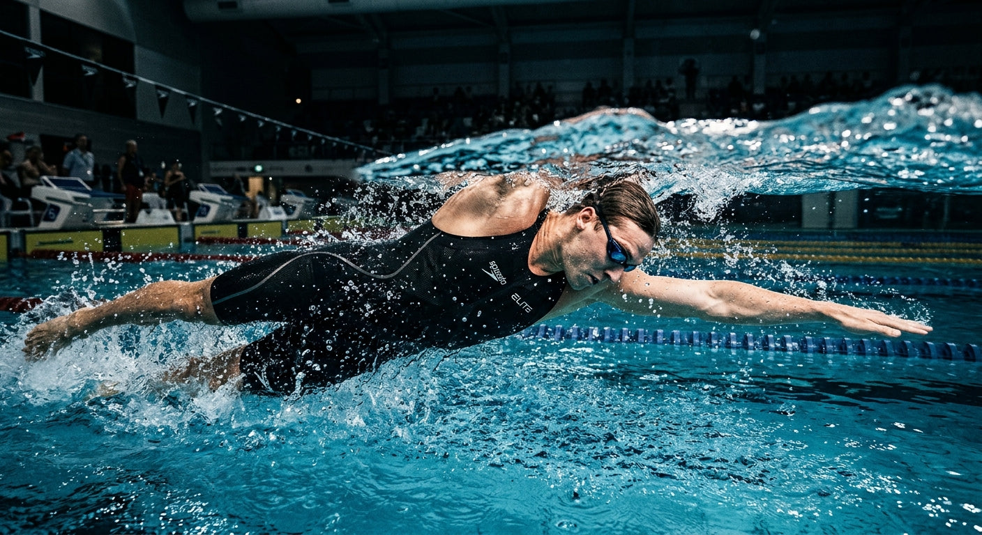 Action shot of an elite swimmer transitioning through the water, showing perfect hydrodynamic body position and realistic water droplet details.