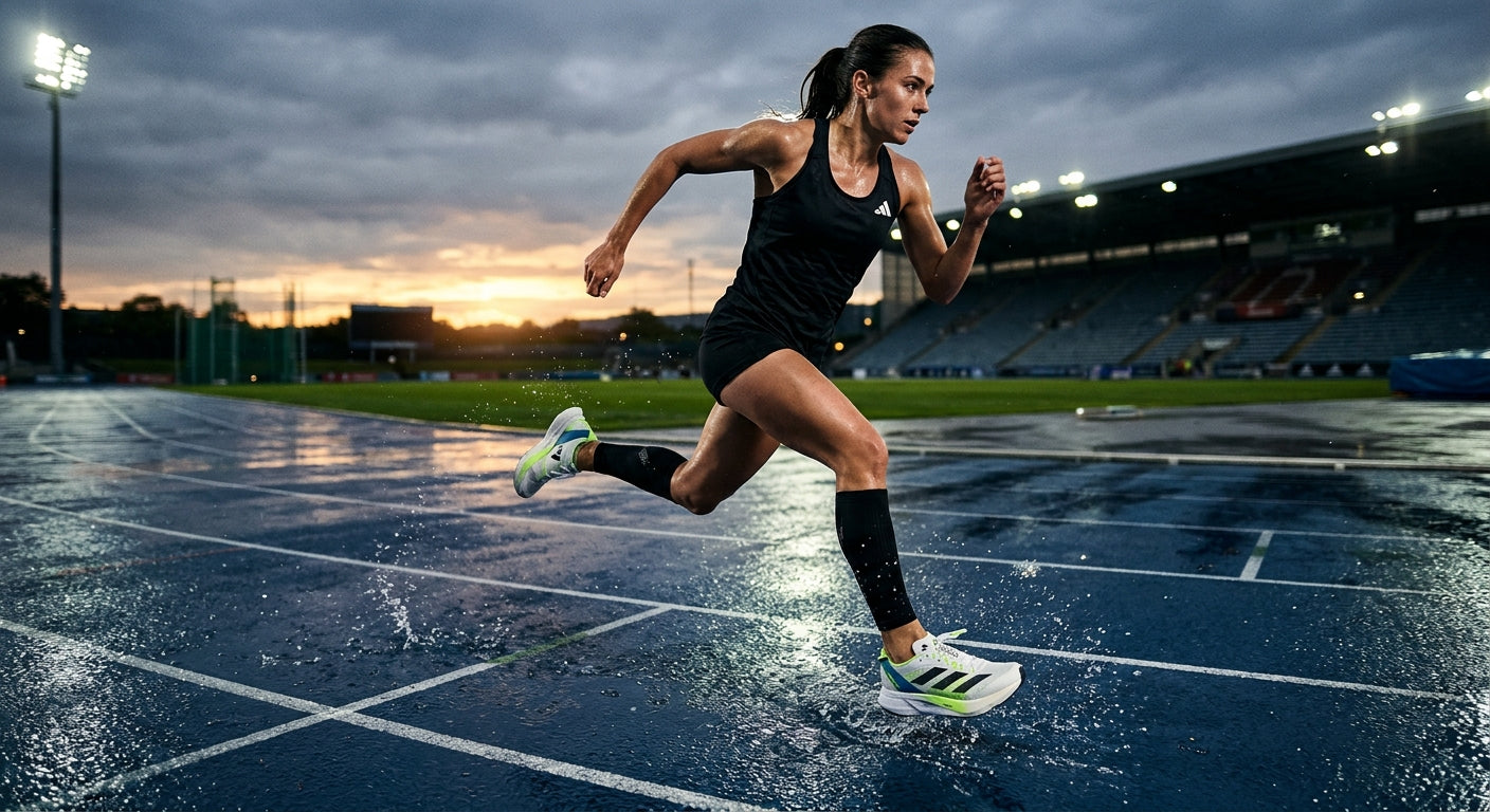 Adidas Adizero EVO SL 2 running shoes on wet stadium tarmac