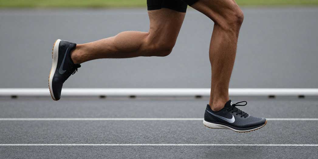 Side view of a male runner mid-stride on a track showcasing the thick cushioning and curved sole of his performance trainers.