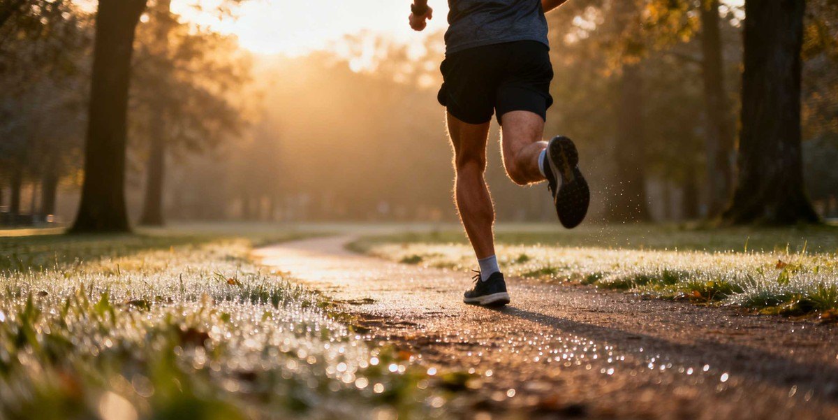 A male athlete in full running kit performing a low-intensity aerobic base run through a sunlit forest.