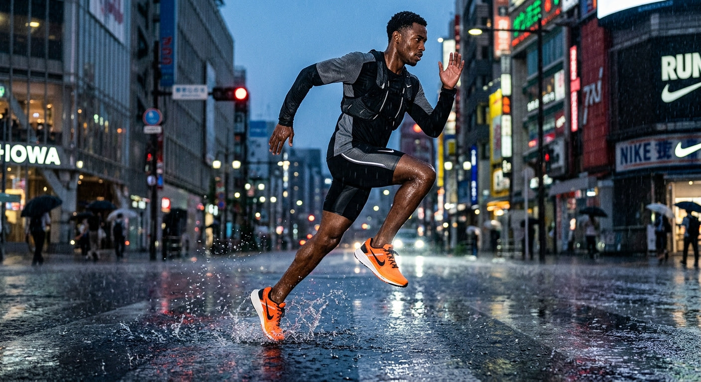 An action shot of a runner wearing the Nike Vomero 19, capturing the high-performance geometry in a rainy, urban environment.