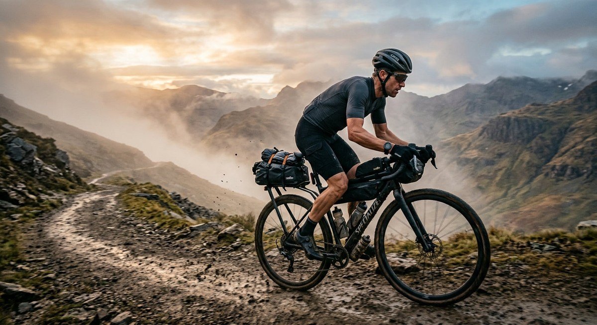 An adventure cyclist riding through a misty, mountainous landscape at dawn, with the Tailfin rack fully loaded, captured in high-speed action photography.