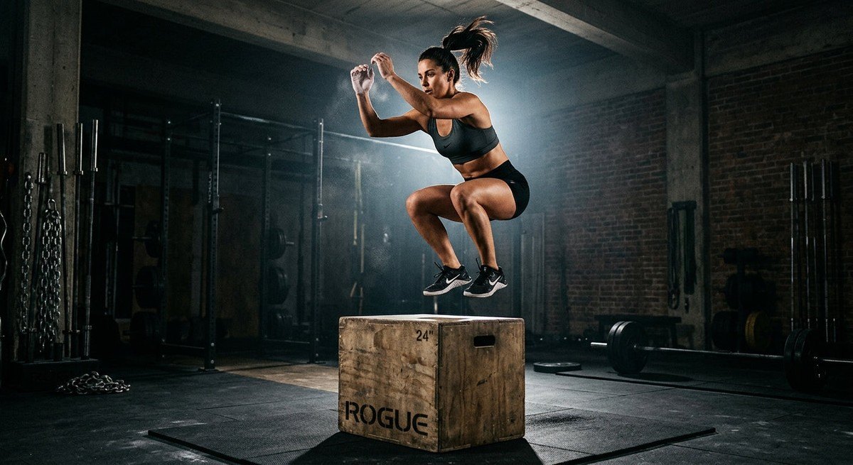 An athlete executing a box jump in a moody, high-contrast gym setting to showcase explosive power and form