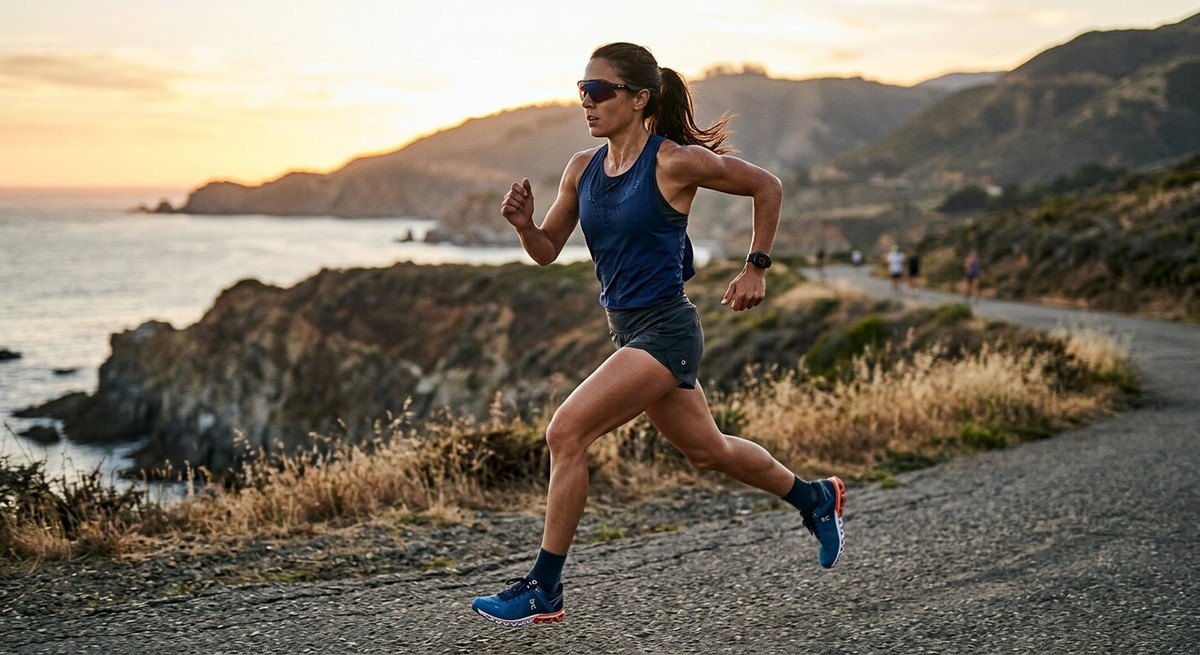An athlete in a dynamic running posture, focusing on the peripheral vision and secure fit of the Oakley QNTM Kato eyewear under cinematic lighting.