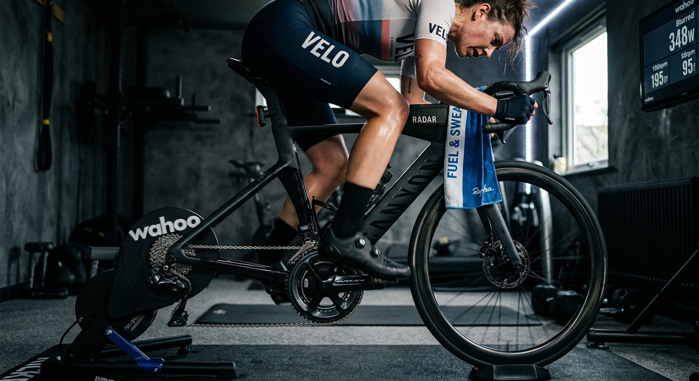 An athlete in a focused training session using a sweat guard and cycling towel with sharp, detailed focus on the bike's drivetrain and power meter components.