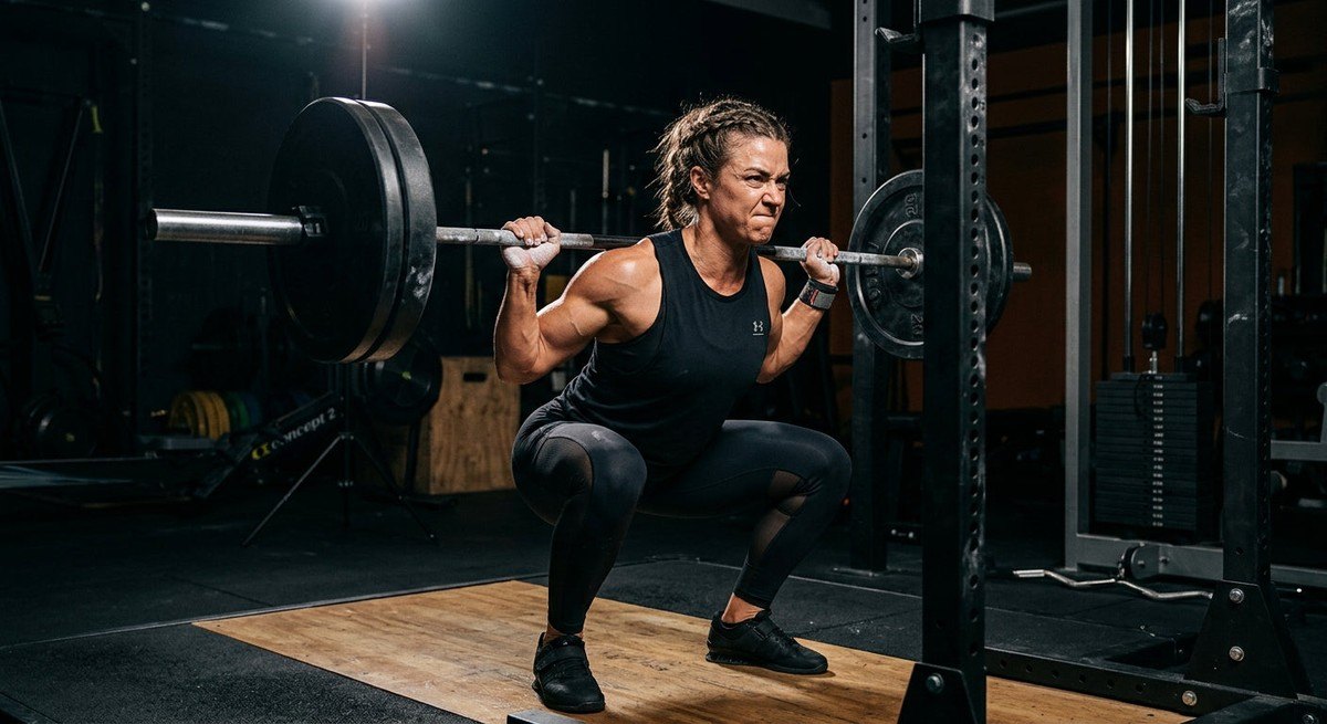 An athlete in a gym environment mid-workout, showcasing intense focus and muscle definition under moody, high-contrast studio lights.