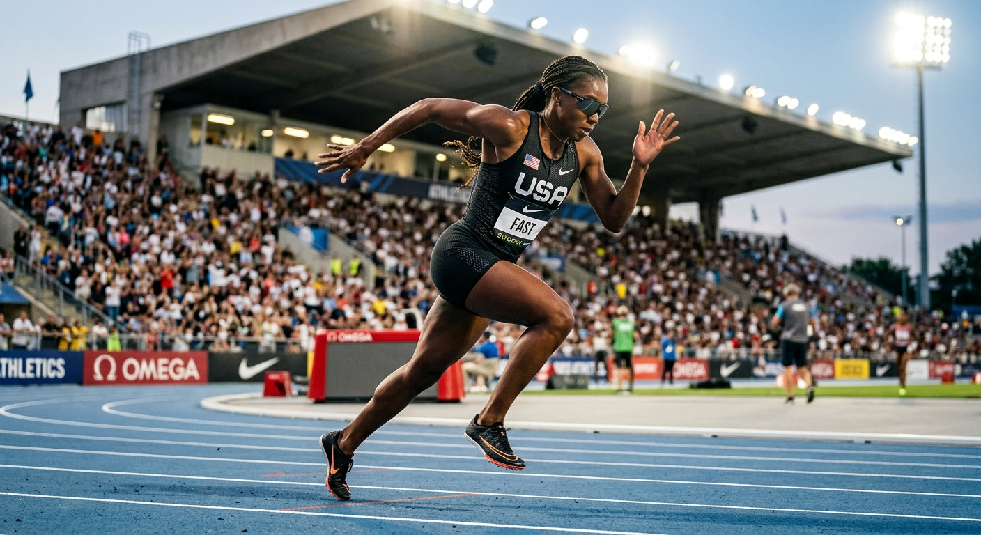 An athlete in a high-speed sprint at a stadium, wearing lightweight running gear and sleek sunglasses, captured with fine texture details and intense stadium lighting.
