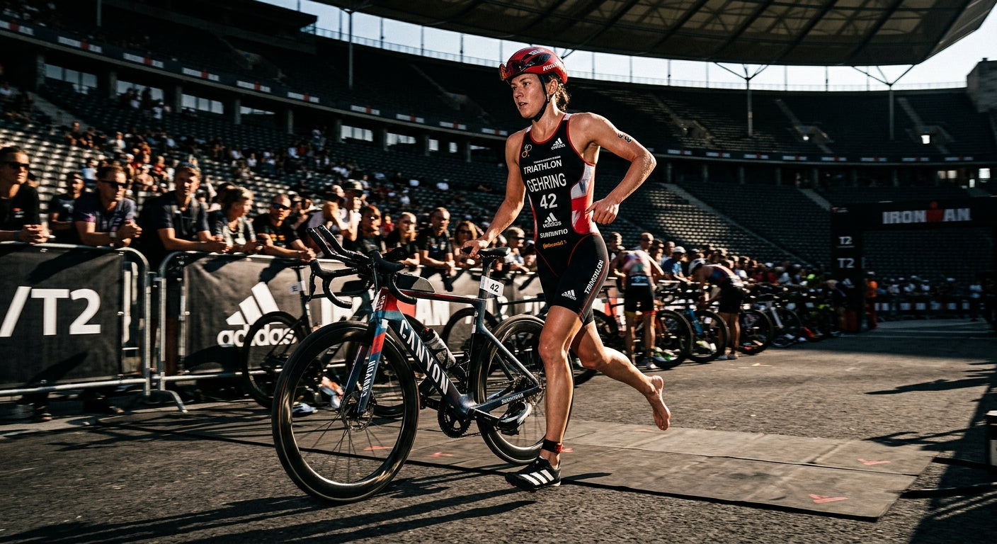 An athlete in a tri-suit transitioning from bike to run, wearing high-performance Adidas racing shoes with dramatic stadium shadows