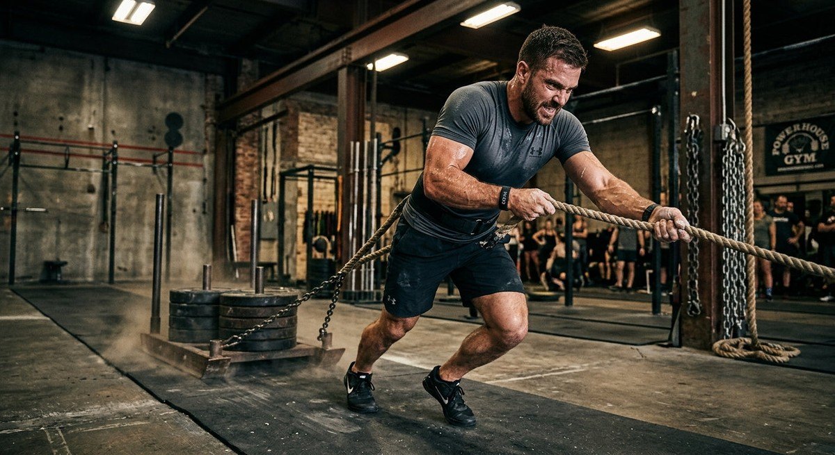 An athlete performing a heavy sled pull in a moody, industrial fitness arena with realistic sweat droplets and intense focus.