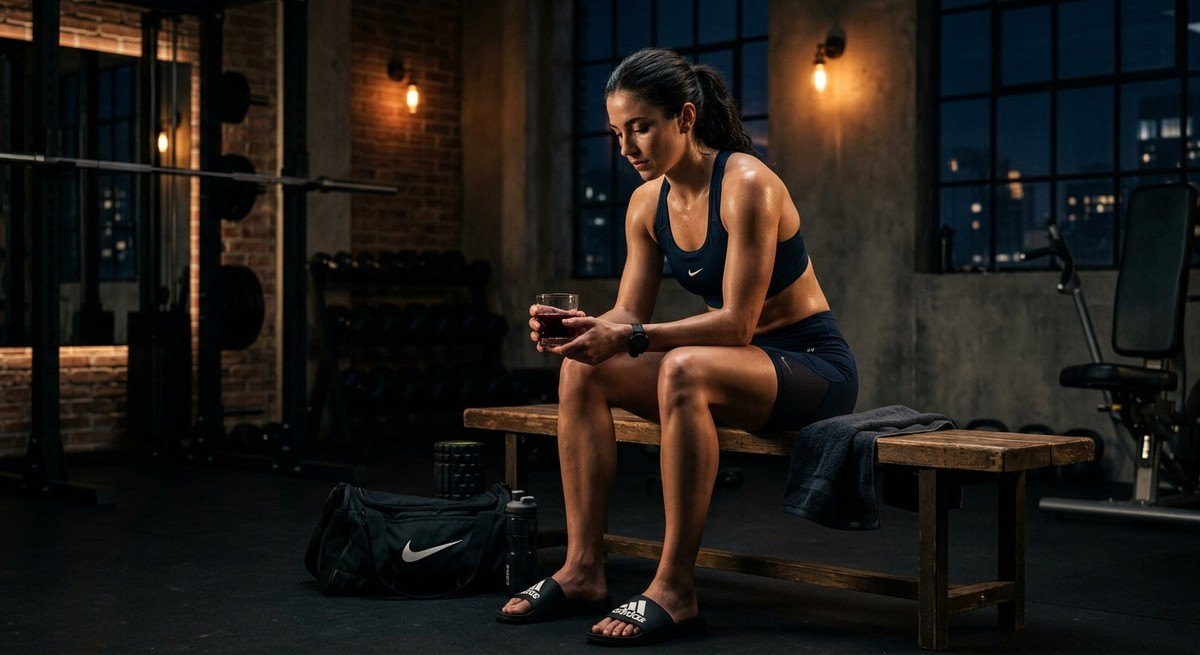 An athlete resting in a dimly lit, modern training centre, focusing on recovery with a glass of tart cherry juice.