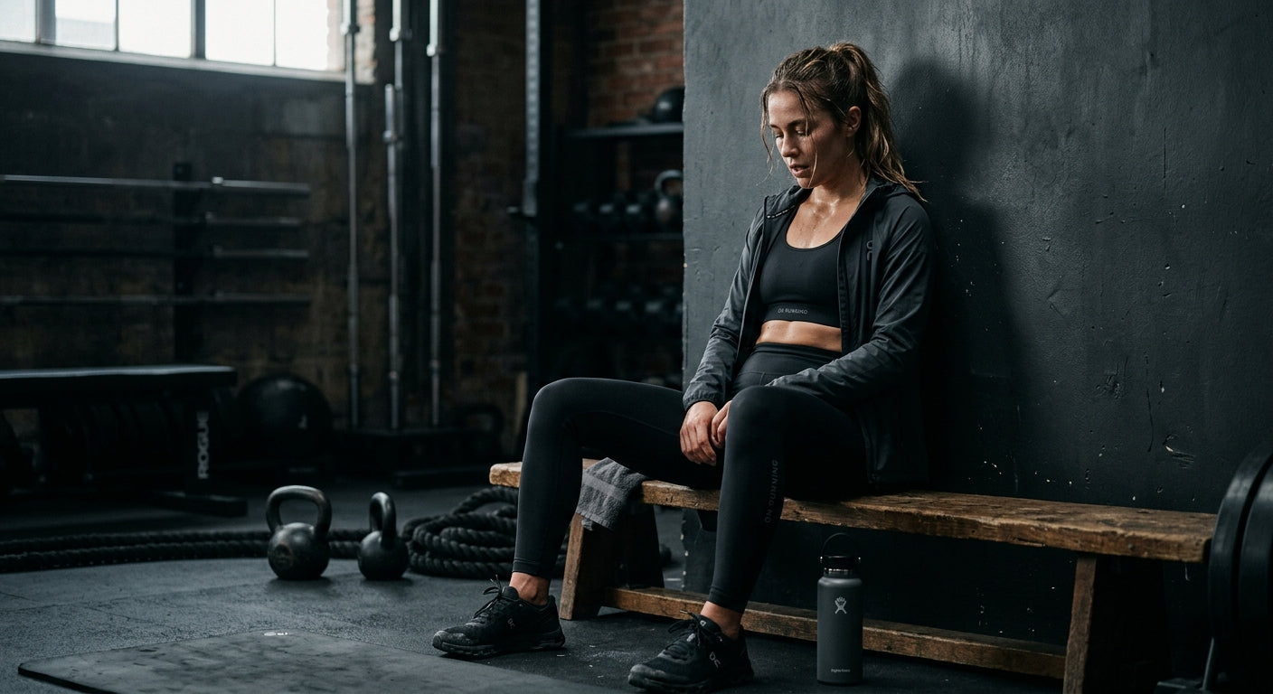 An athlete resting in high-quality, comfortable athletic apparel, capturing a moody and professional atmosphere post-training.