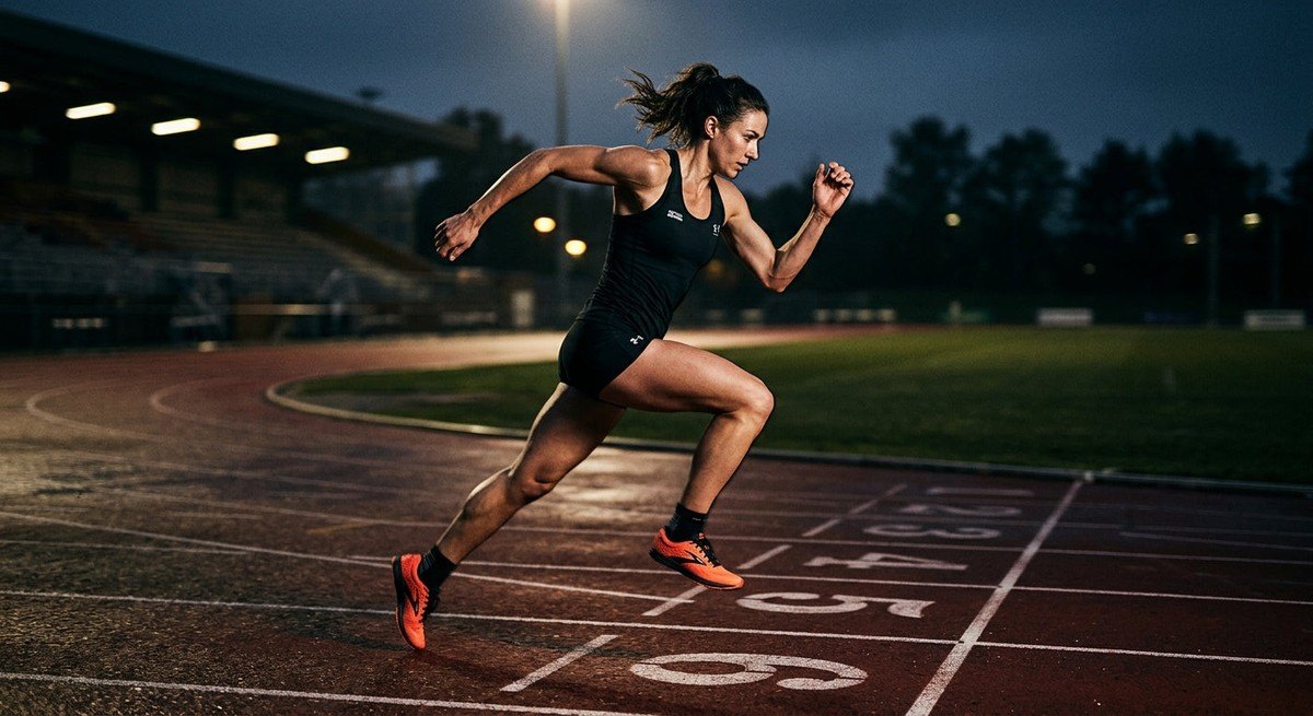 An athlete running on a synthetic track, captured in moody, high-contrast lighting that emphasises athletic form and speed.