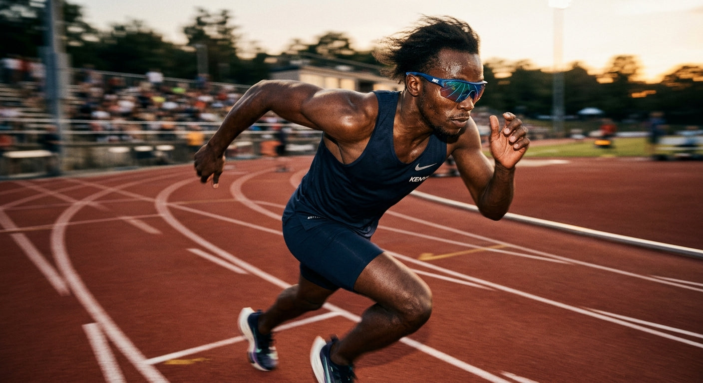 An athlete running on a track at high speed wearing Nike Vision Flyfree Soar glasses with motion blur and sharp textural details on the lens