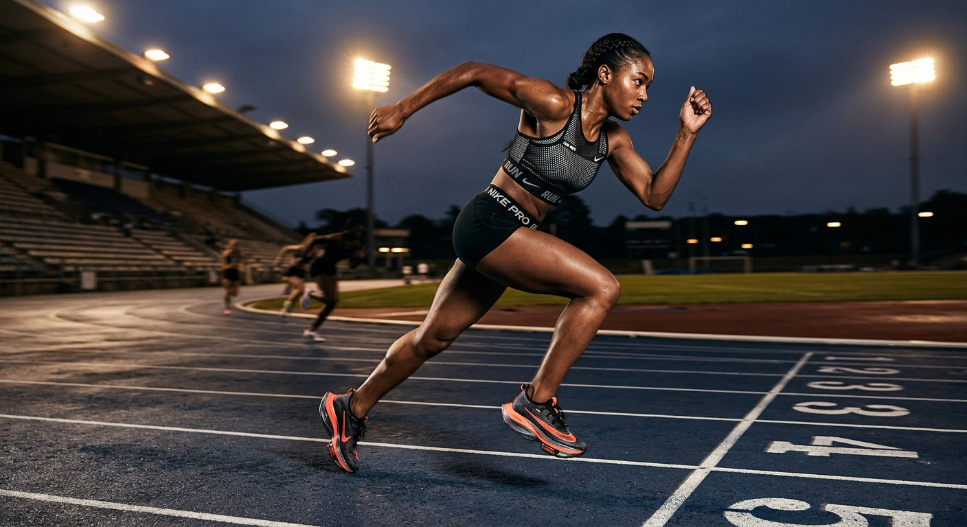 An athlete running on a track at high speed, wearing avant-garde performance footwear, captured with dramatic contrast and sharp detail.
