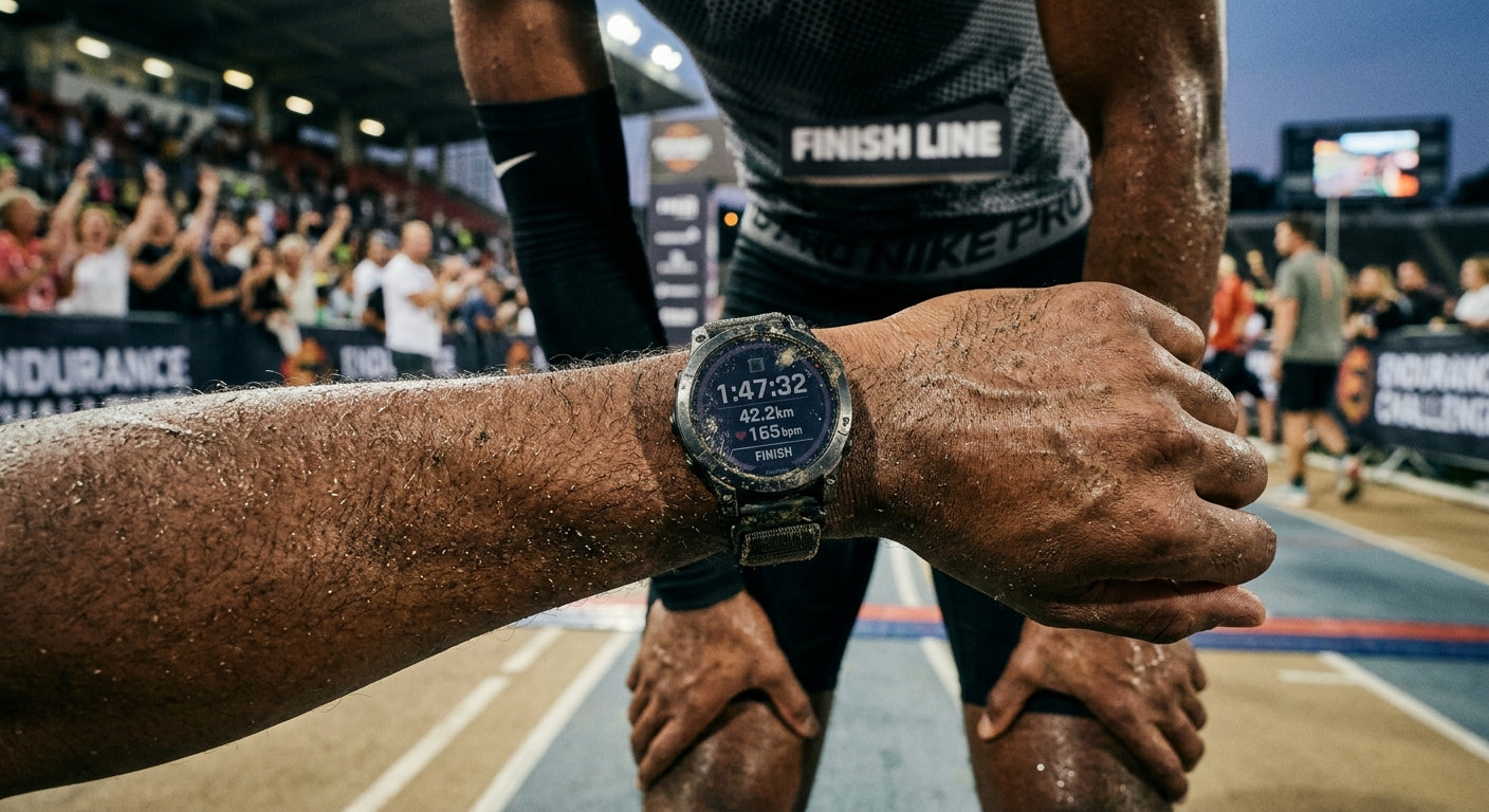 An athlete's wrist wearing a tactical endurance watch, showing sweat and dirt textures after a long-distance race in a stadium environment.