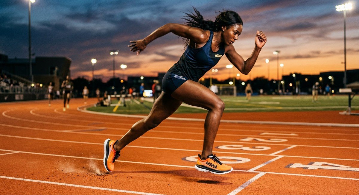 An athlete sprinting on a synthetic track at dusk, wearing the Hoka Mach 7, captured with professional sports photography techniques to emphasise the shoe's sleek geometry.