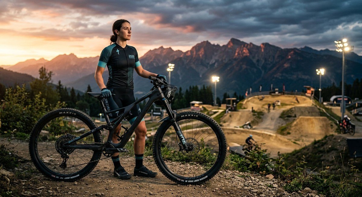 An athlete standing beside a premium 2026 mountain bike with oversized 32-inch wheels during sunset at a stadium-lit mountain bike park
