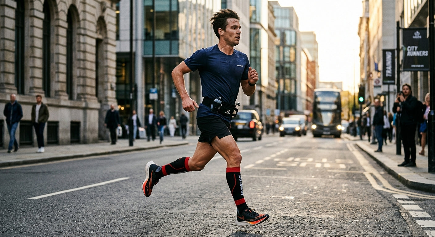 An athlete wearing a hydration belt and running socks during a fast marathon training run in the city
