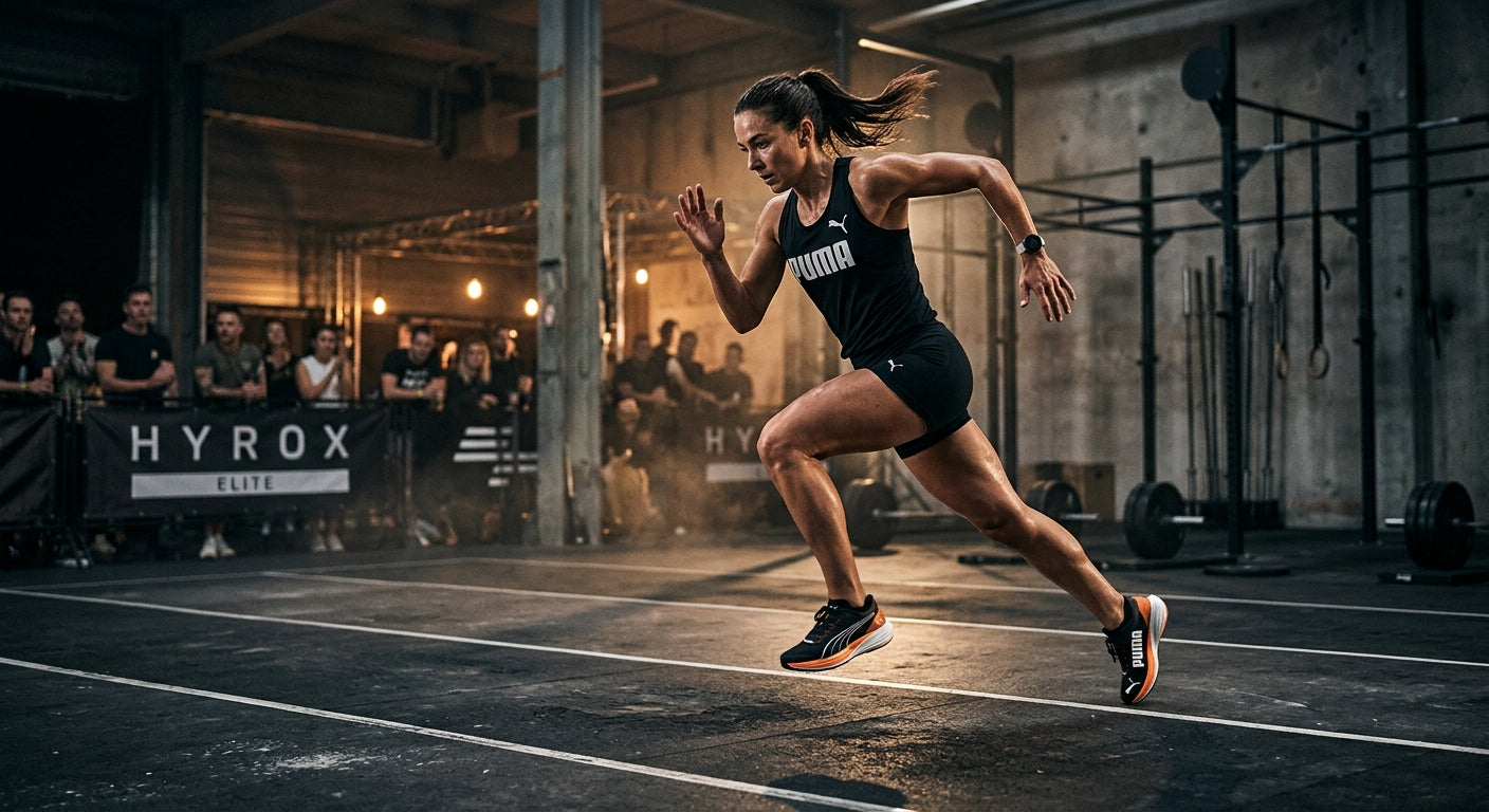 An athlete wearing the Puma Deviate Elite Hyrox, captured mid-stride in a high-speed, cinematic fitness environment.