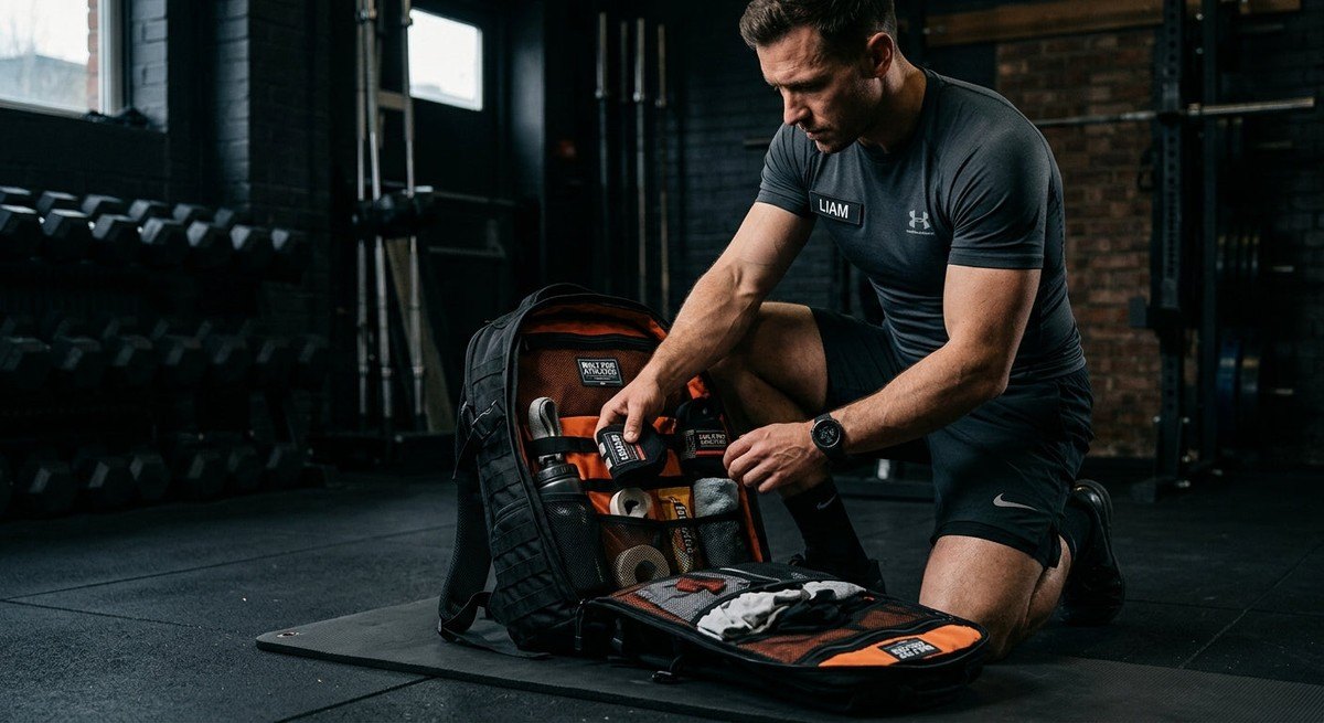 An elite competitor adjusting their gear from an open Built For Athletes 35L backpack inside a dimly lit, professional gym, showcasing the interior organisation and premium build.