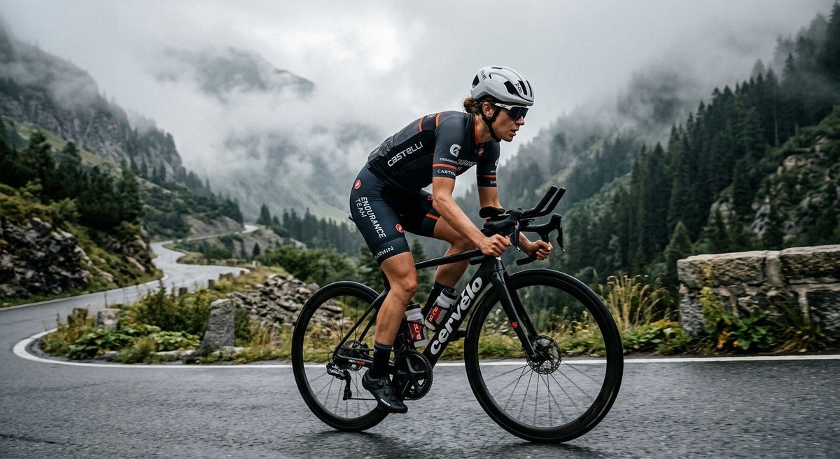 An endurance athlete cycling through a misty mountain pass, demonstrating professional posture and focus during a long-distance training session.
