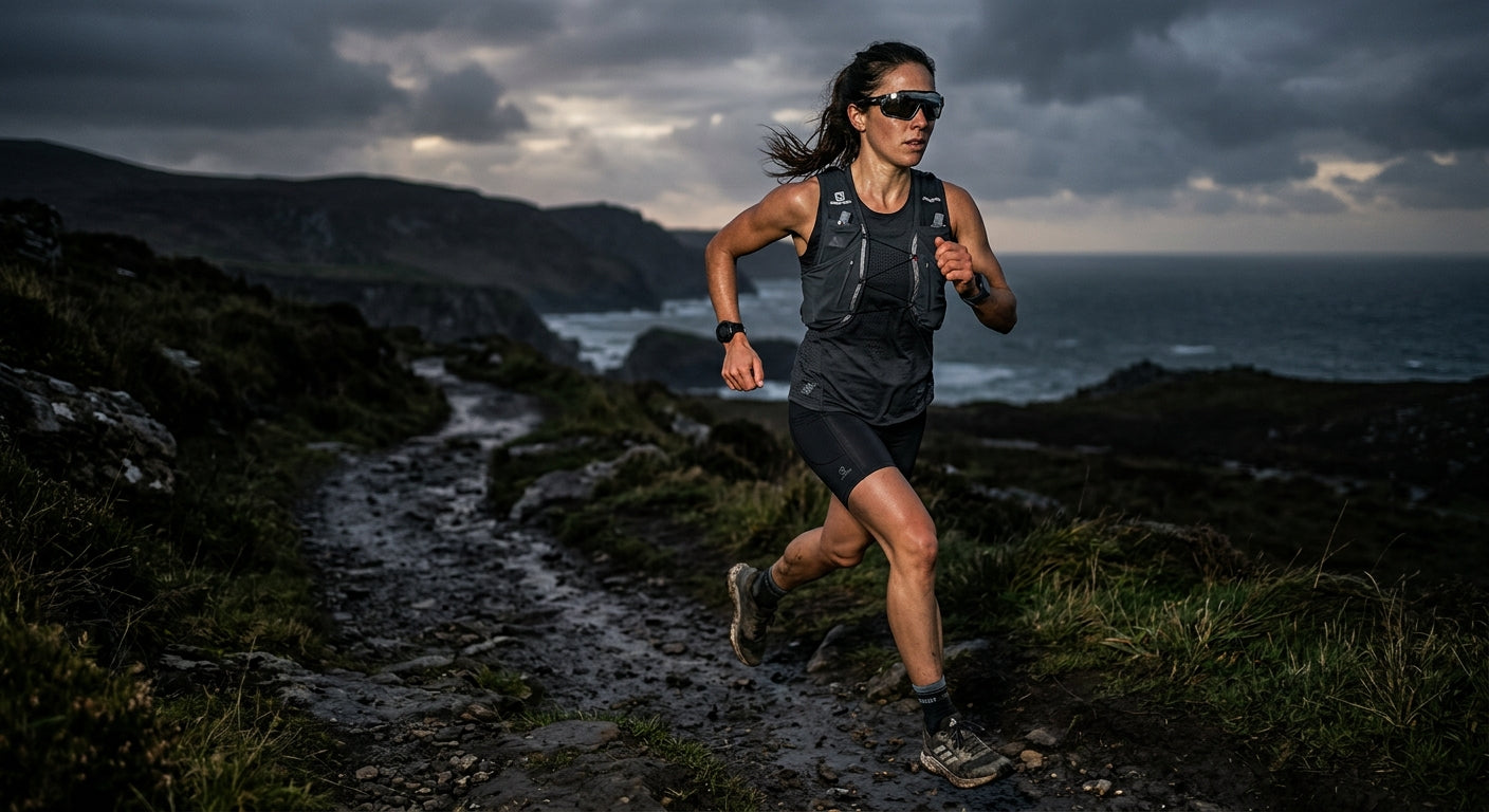 An endurance runner in a moody, high-contrast environment wearing advanced eyewear.