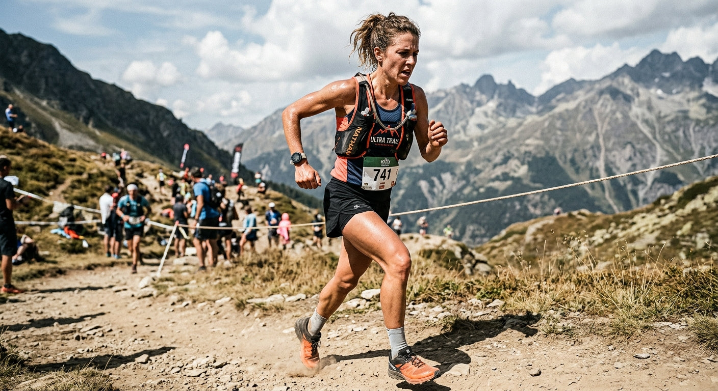 An endurance runner in technical summer activewear captured in a moment of intense exertion during a hot-weather race