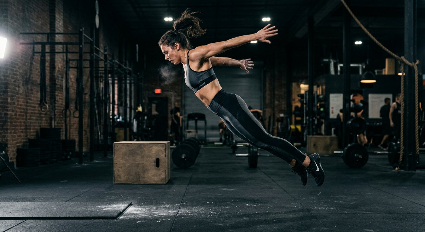 An explosive action shot of a fitness competitor mid-air during a burpee broad jump in a cinematic, moody gym setting.