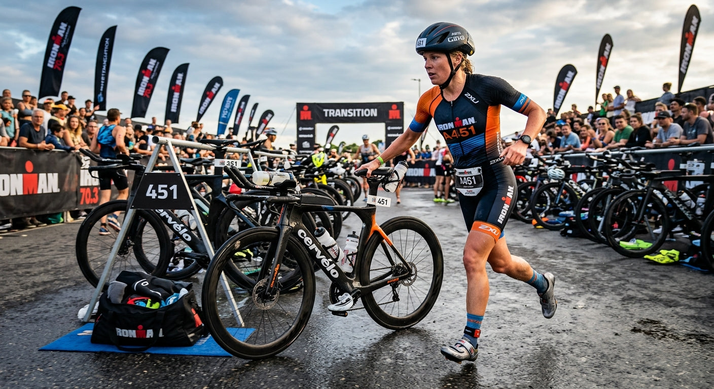 An organised triathlon transition area featuring a bike, helmet, and gear bag captured in high-speed, dramatic action photography.