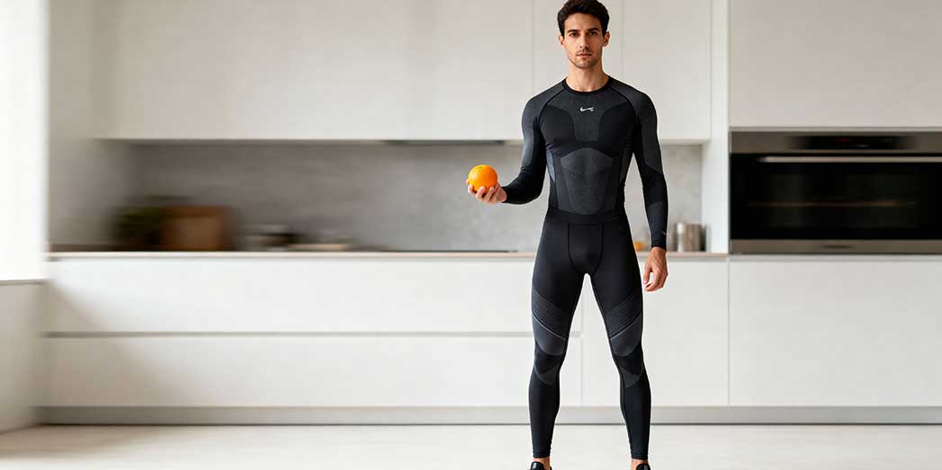 A full length photo of a male athlete holding a whole orange to illustrate the benefit of fruit over juice.