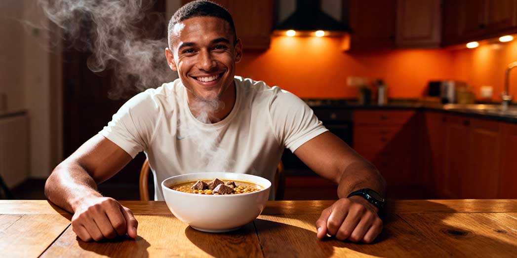 A fit person sitting at a dining table savouring a nutritious home-cooked meal prepared from their freezer stash.
