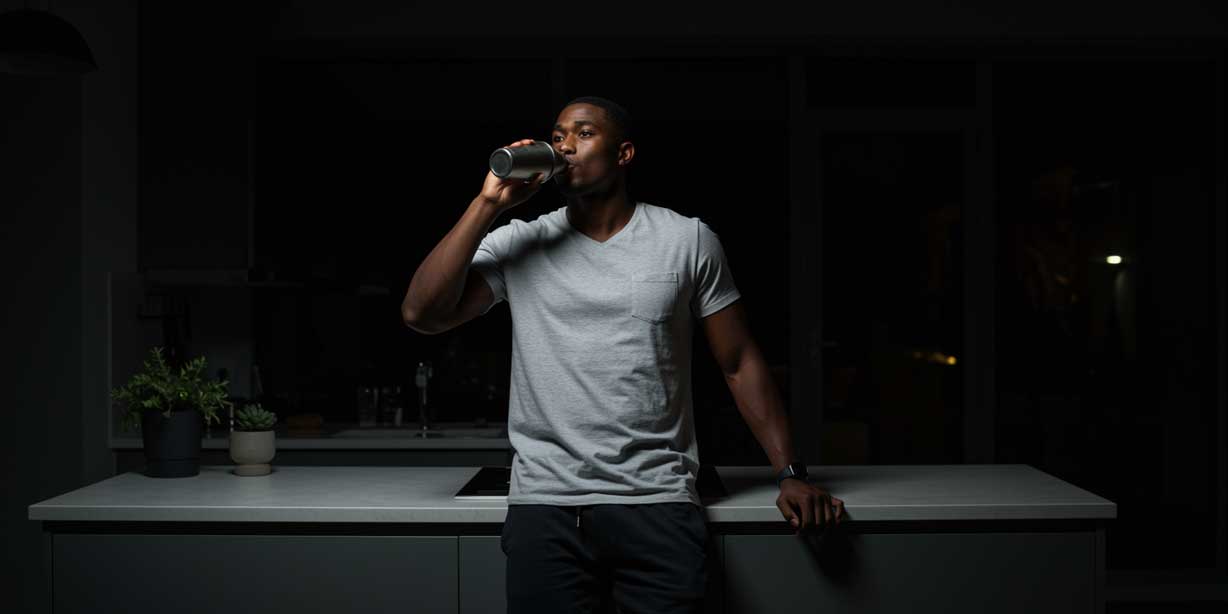 A full length shot of an athlete in a dimly lit kitchen drinking a nighttime protein shake before bed